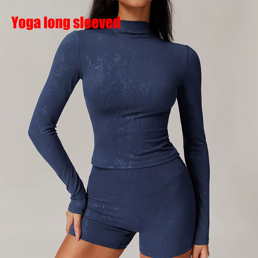 Women Yoga T-Shirts Printed Sports Top Long Sleeve Gym Workout Running Shirts Sexy Exposed Navel Quick Dry Fitness Gym Sport Wea