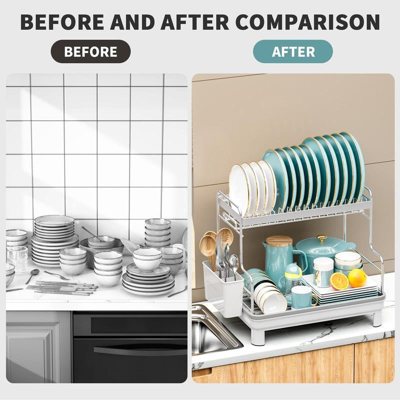 2-Tier Dish Drainer Rack, 1 Count Kitchen Countertop Dish Drying Rack, Kitchen Utensils & Gadgets