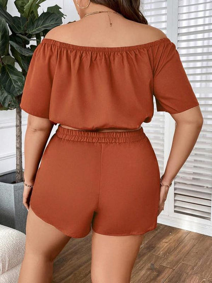 【Plus Size】Two-Piece Set off Shoulder Short Sleeve Blouse & Tie Front Shorts Set, Summer Clothes Women, Solid Button Front Top & Shorts, 2 Piece Sets for Summer, Women'S Two-Piece Outfits for Summer