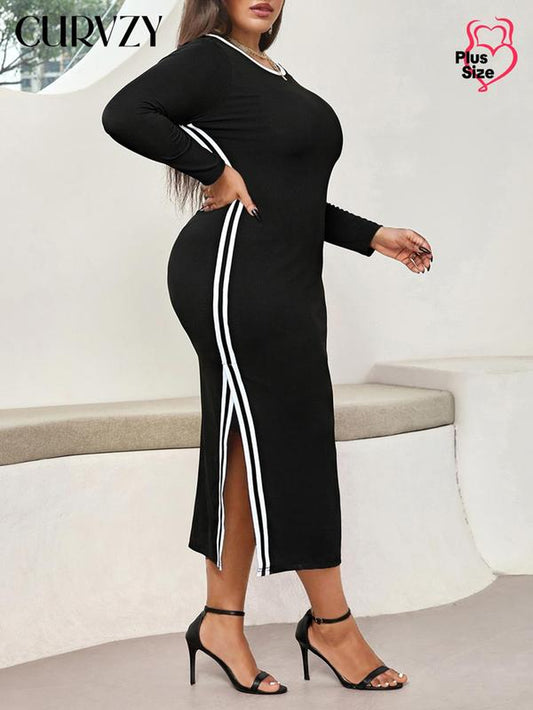 CURVZY plus Size Contrast Binding Split Hem Bodycon Dress, Casual Long Sleeve round Neck Ribbed Dress for Fall, Women'S Clothing for Daily Wear