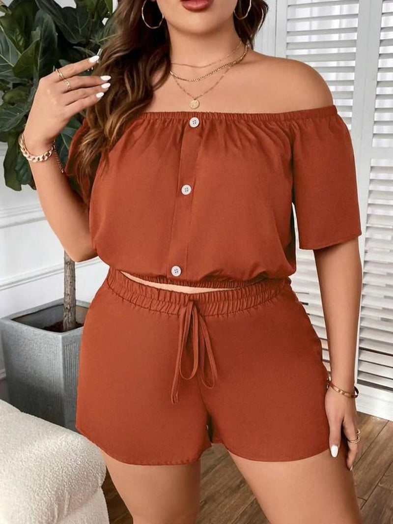 【Plus Size】Two-Piece Set off Shoulder Short Sleeve Blouse & Tie Front Shorts Set, Summer Clothes Women, Solid Button Front Top & Shorts, 2 Piece Sets for Summer, Women'S Two-Piece Outfits for Summer