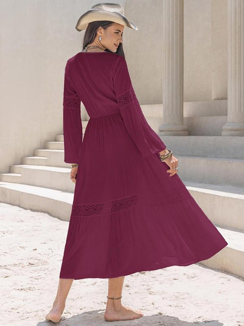 Women'S Contrast Lace Bishop Sleeve Tie Neck A-Line Long Dress, Casual Flared Dresses for Spring, Women'S Dresses for Daily Wear