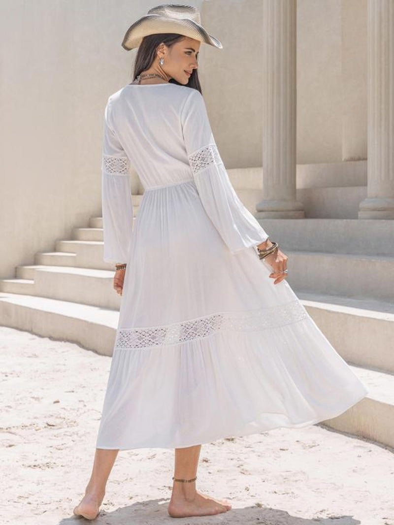 Women'S Contrast Lace Bishop Sleeve Tie Neck A-Line Long Dress, Casual Flared Dresses for Spring, Women'S Dresses for Daily Wear