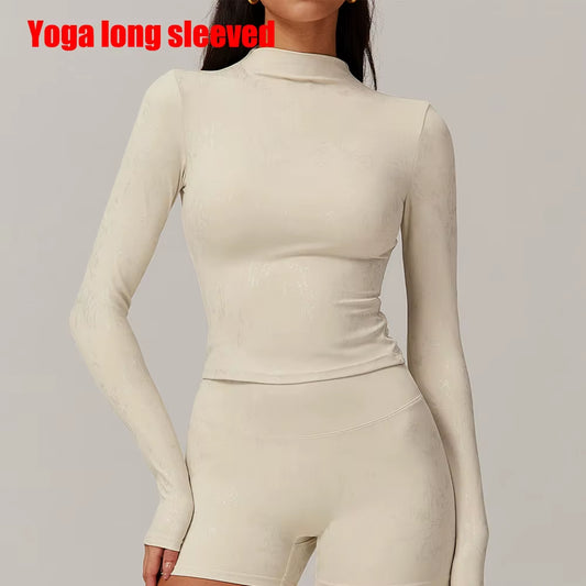 Women Yoga T-Shirts Printed Sports Top Long Sleeve Gym Workout Running Shirts Sexy Exposed Navel Quick Dry Fitness Gym Sport Wea