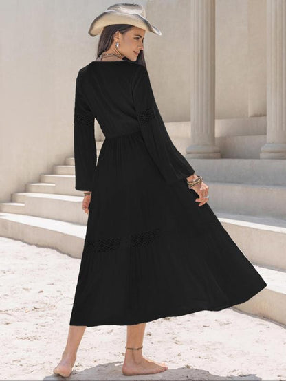 Women'S Contrast Lace Bishop Sleeve Tie Neck A-Line Long Dress, Casual Flared Dresses for Spring, Women'S Dresses for Daily Wear