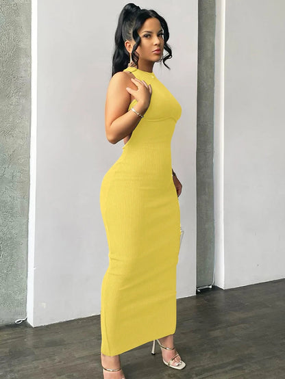 Ribbed Solid Hollow Out Backless Sleeveless Sexy Slit Mini Dress Bodycon 2025 Spring Women Outfits Elegant Party Y2K