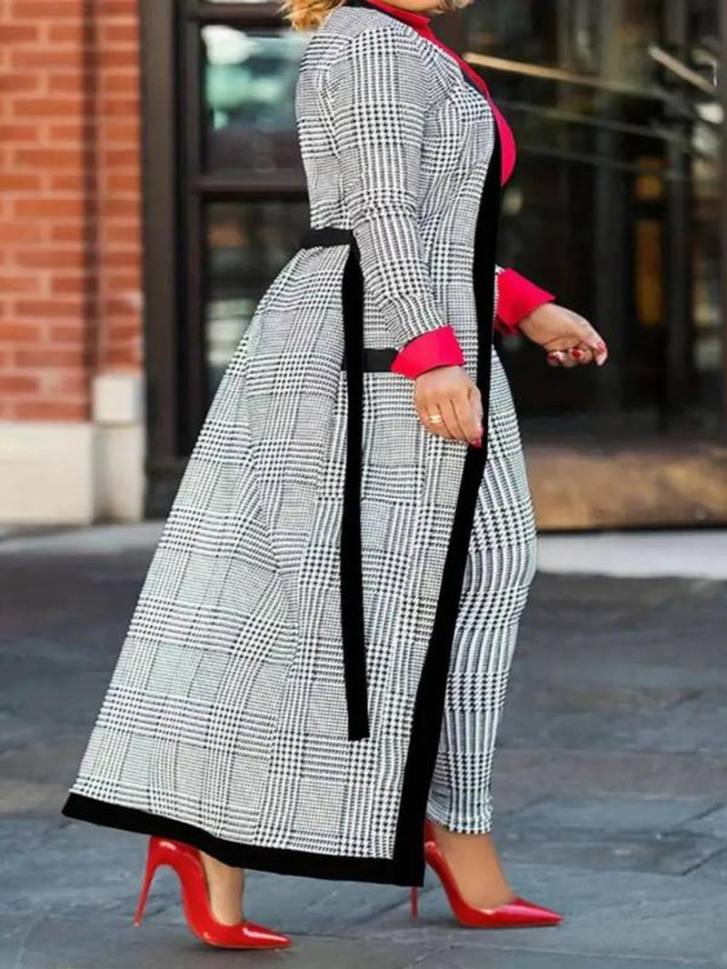 Two-Piece Set Women'S Houndstooth Print Belted Pocket Open Front Long Coat & High Waist Skinny Pants Set, Two Piece Set Women, Elegant 2 Piece Set Contrast Binding Outerwear & Trousers Two-Piece Set for Christmas