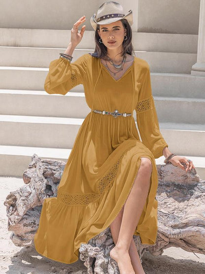 Women'S Contrast Lace Bishop Sleeve Tie Neck A-Line Long Dress, Casual Flared Dresses for Spring, Women'S Dresses for Daily Wear