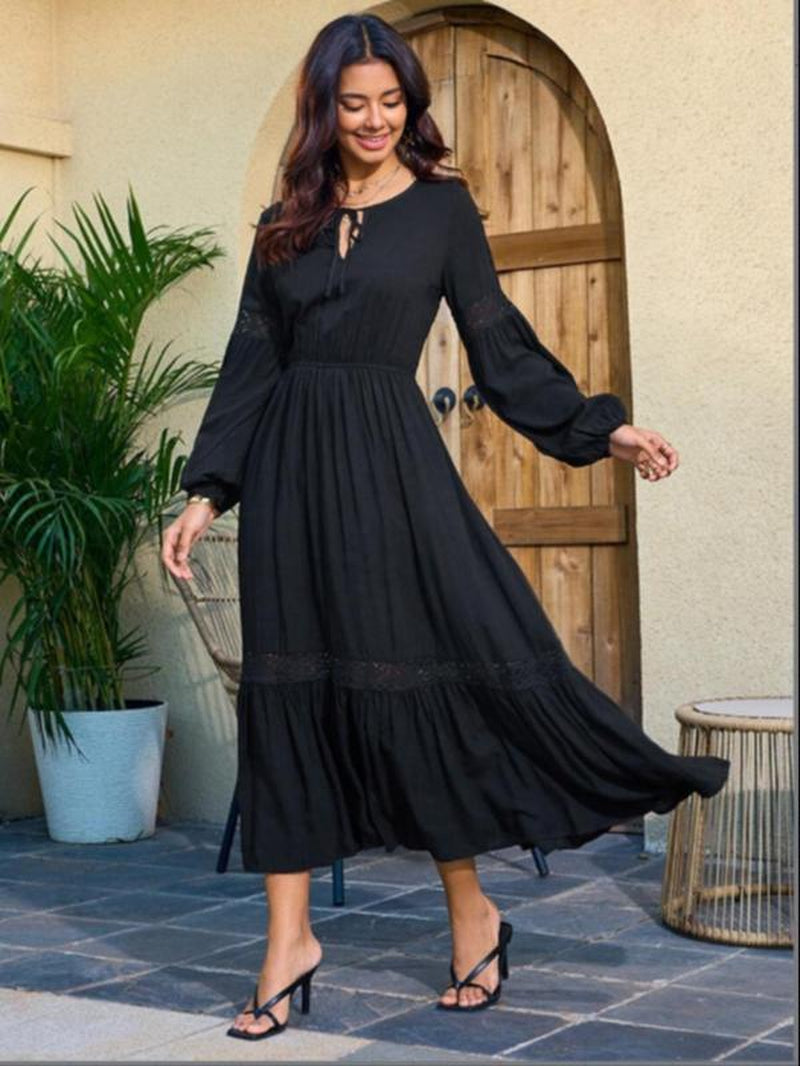 Women'S Contrast Lace Bishop Sleeve Tie Neck A-Line Long Dress, Casual Flared Dresses for Spring, Women'S Dresses for Daily Wear