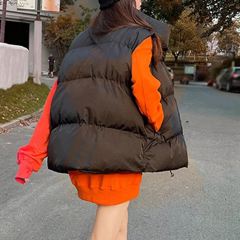 Autumn Winter Warm Solid Color Cotton Vest Women'S Vest Standing Collar Sleeveless Cotton Padded Outerwear Women'S Coat