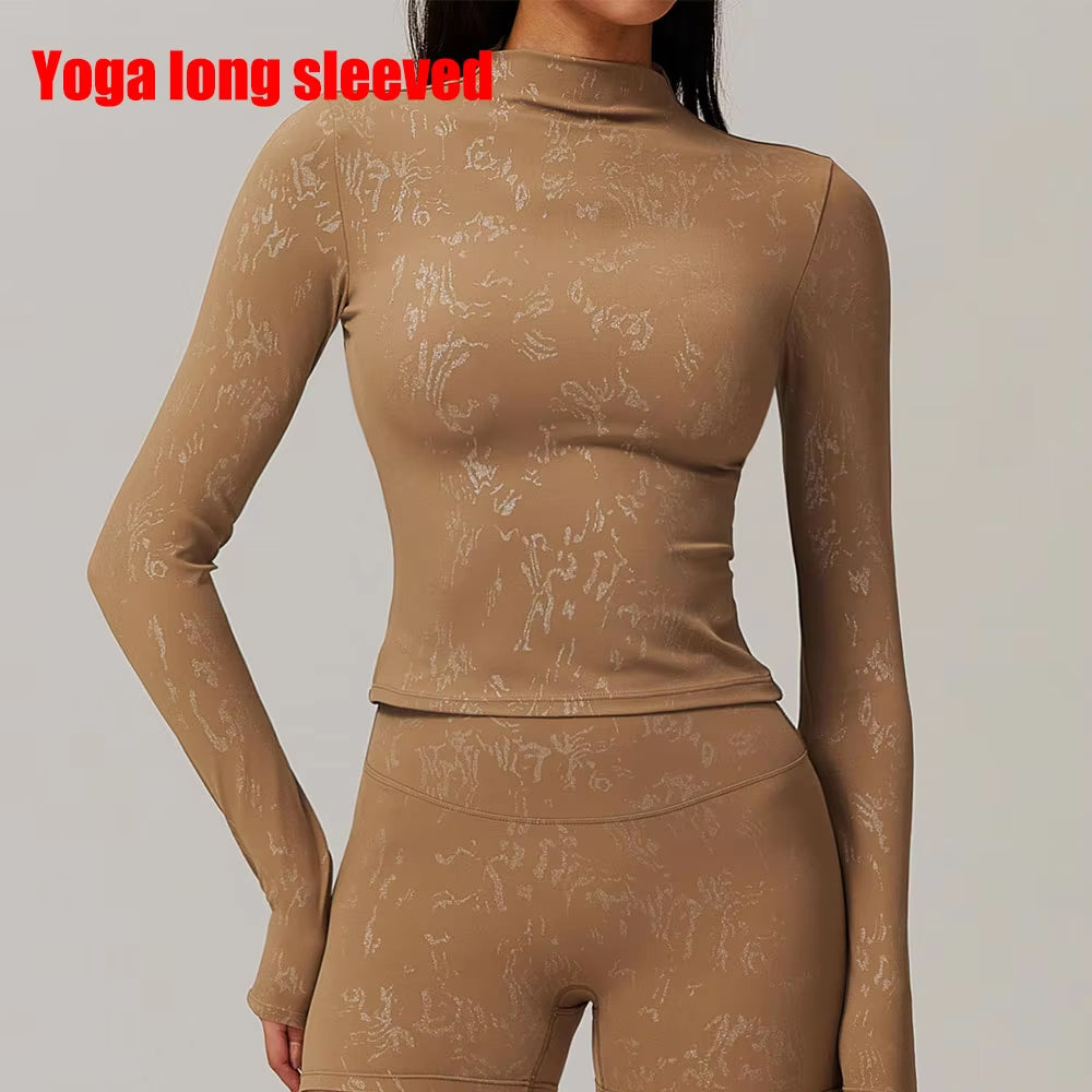 Women Yoga T-Shirts Printed Sports Top Long Sleeve Gym Workout Running Shirts Sexy Exposed Navel Quick Dry Fitness Gym Sport Wea