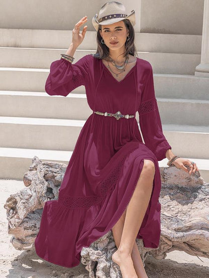 Women'S Contrast Lace Bishop Sleeve Tie Neck A-Line Long Dress, Casual Flared Dresses for Spring, Women'S Dresses for Daily Wear