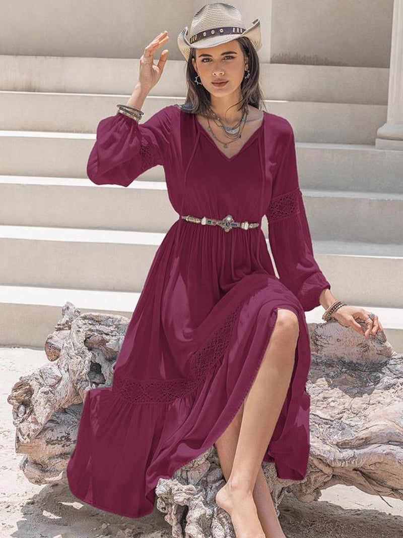 Women'S Contrast Lace Bishop Sleeve Tie Neck A-Line Long Dress, Casual Flared Dresses for Spring, Women'S Dresses for Daily Wear