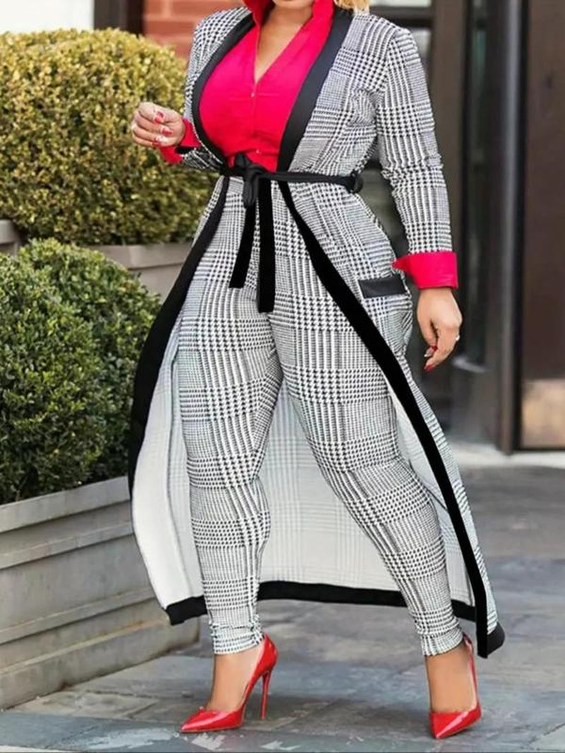 Two-Piece Set Women'S Houndstooth Print Belted Pocket Open Front Long Coat & High Waist Skinny Pants Set, Two Piece Set Women, Elegant 2 Piece Set Contrast Binding Outerwear & Trousers Two-Piece Set for Christmas