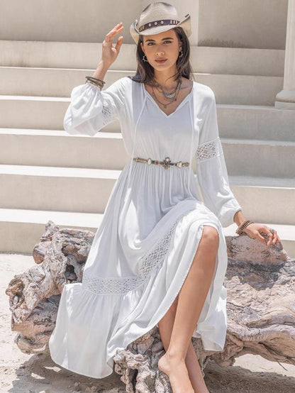 Women'S Contrast Lace Bishop Sleeve Tie Neck A-Line Long Dress, Casual Flared Dresses for Spring, Women'S Dresses for Daily Wear