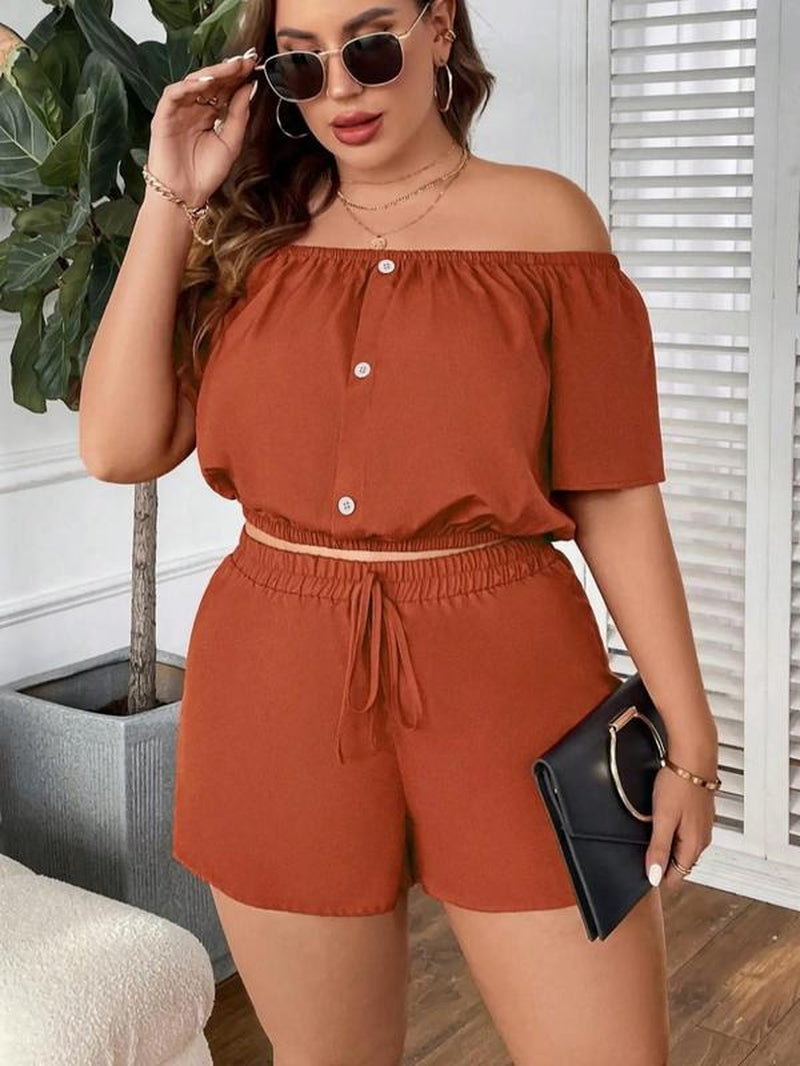 【Plus Size】Two-Piece Set off Shoulder Short Sleeve Blouse & Tie Front Shorts Set, Summer Clothes Women, Solid Button Front Top & Shorts, 2 Piece Sets for Summer, Women'S Two-Piece Outfits for Summer