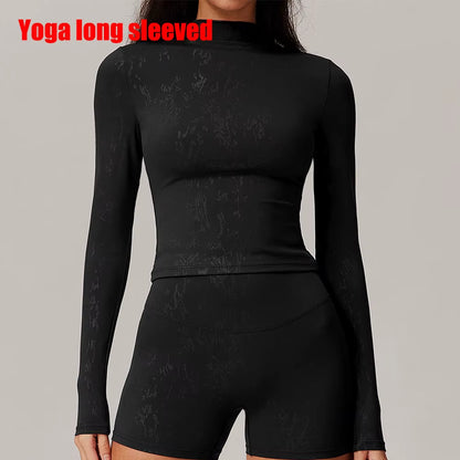 Women Yoga T-Shirts Printed Sports Top Long Sleeve Gym Workout Running Shirts Sexy Exposed Navel Quick Dry Fitness Gym Sport Wea